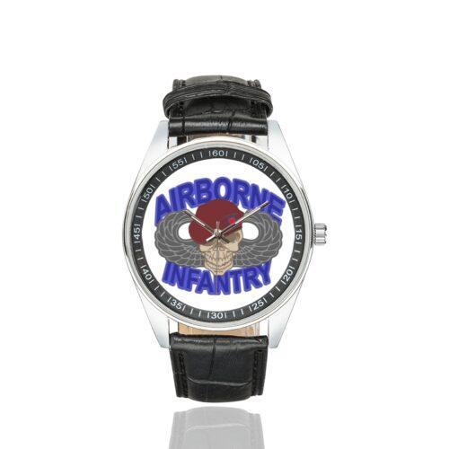 Men's casual watch with a round dial featuring the US Army Airborne Infantry emblem, silver-tone case and black leather strap.