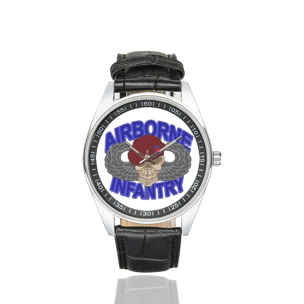 Men's casual watch with a round dial featuring the US Army Airborne Infantry emblem, silver-tone case and black leather strap.