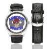 Men's casual watch with a round dial featuring the US Army Airborne Infantry emblem, silver-tone case and black leather strap, shown with the strap to the side.