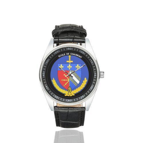 Men's casual watch with a round dial featuring the EG Chaumont emblem, silver-tone case and black leather strap.