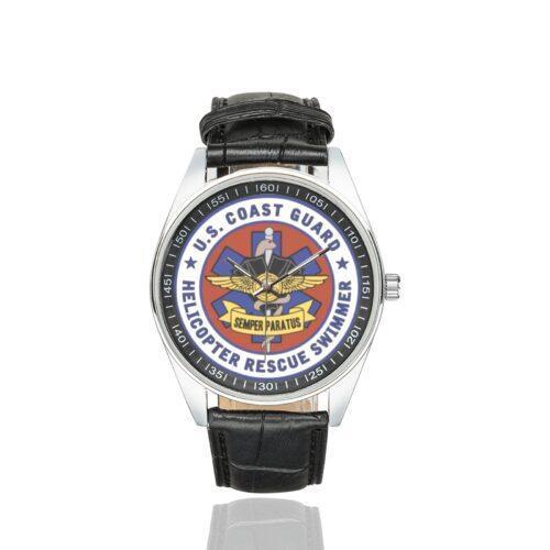 Men's casual watch with a round dial featuring the US Coast Guard Helicopter Rescue Swimmer emblem, silver-tone case and black leather strap.