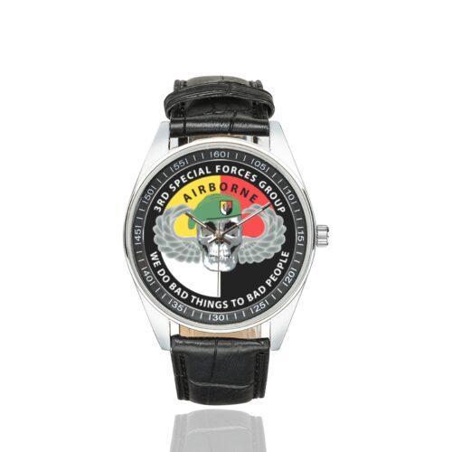 Men's casual watch with a round dial featuring the 3rd-special-forces emblem, silver-tone case and black leather strap.