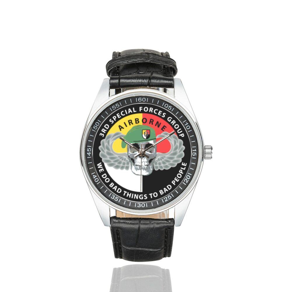 Men's casual watch with a round dial featuring the 3rd-special-forces emblem, silver-tone case and black leather strap.