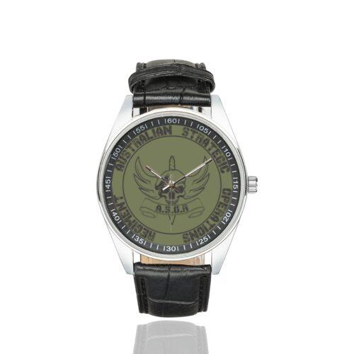 Men's casual watch with a round dial featuring the Australian Strategic Operations Regiment emblem, silver-tone case and black leather strap.