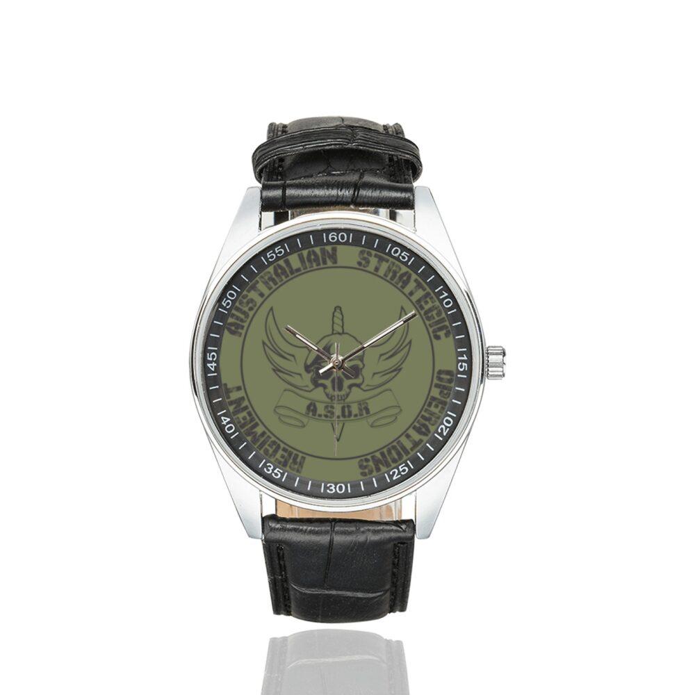 Men's casual watch with a round dial featuring the Australian Strategic Operations Regiment emblem, silver-tone case and black leather strap.