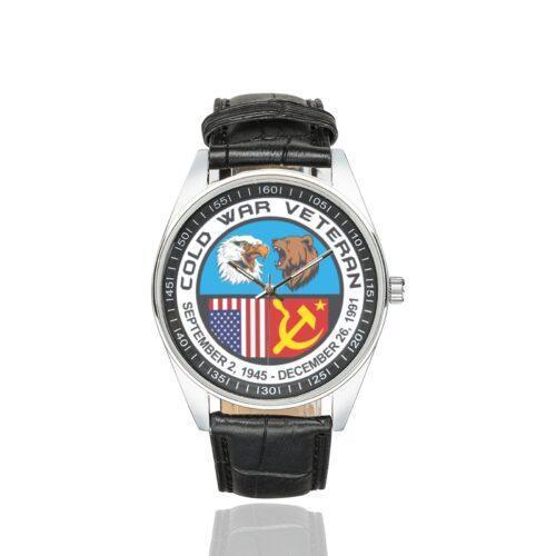 Men's casual watch with a round dial featuring the Cold War Veteran emblem, silver-tone case and black leather strap.