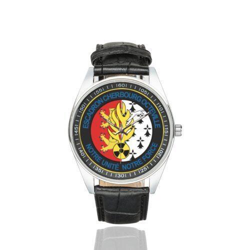 Men's casual watch with a round dial featuring the EGM 25-3 Cherbourg-Octeville emblem, silver-tone case and black leather strap.