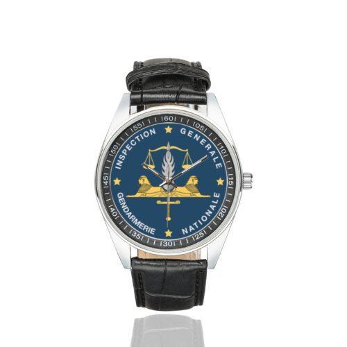 Men's casual watch with a round dial featuring the IGGN emblem, silver-tone case and black leather strap.