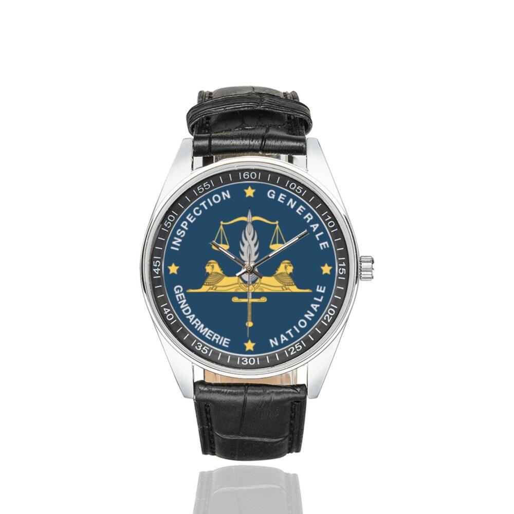 Men's casual watch with a round dial featuring the IGGN emblem, silver-tone case and black leather strap.