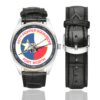 Men's casual watch with a round dial featuring the USAF 457th Fighter Squadron emblem, silver-tone case and black leather strap, shown with the strap to the side.
