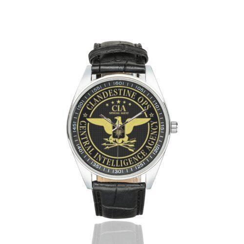 Men's casual watch with a round dial featuring the CIA Clandestine Operations emblem, silver-tone case and black leather strap.