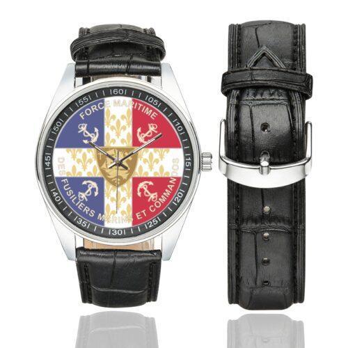 Men's casual watch with a round dial featuring the Force maritime des fusiliers marins et commandos (FORFUSCO) emblem, silver-tone case and black leather strap, shown with the strap to the side.