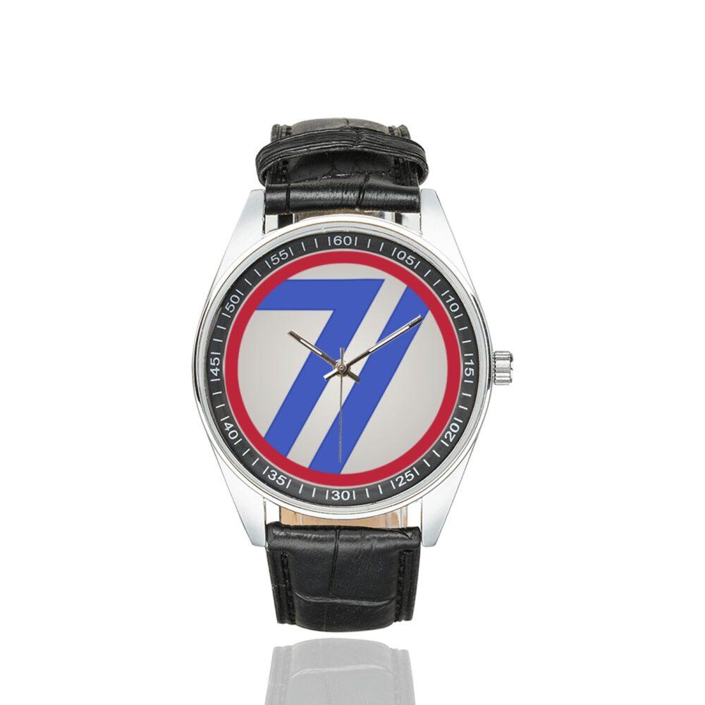 Men's casual watch with a round dial featuring the US 71st Infantry Division emblem, silver-tone case and black leather strap.