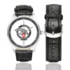 Men's casual watch with a round dial featuring the French Commando Commando School 4 emblem, silver-tone case and black leather strap, shown with the strap to the side.
