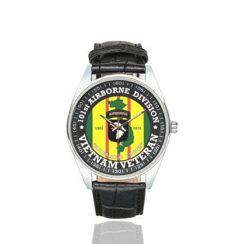 Men's casual watch with a round dial featuring the US Army 101st Airborne Division Vietnam Veteran- emblem, silver-tone case and black leather strap.