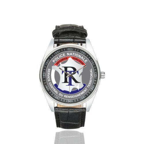 Men's casual watch with a round dial featuring the Service central du renseignement territorial (SCRT) emblem, silver-tone case and black leather strap.