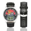 Men's casual watch with a round dial featuring the Ukraine 1st Battalion International Legion Mortar Platoon emblem, silver-tone case and black leather strap, shown with the strap to the side.
