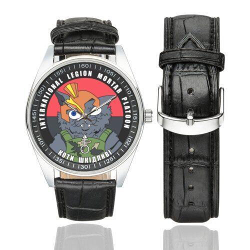 Men's casual watch with a round dial featuring the Ukraine 1st Battalion International Legion Mortar Platoon emblem, silver-tone case and black leather strap, shown with the strap to the side.