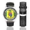 Men's casual watch with a round dial featuring the US Army 9th Infantry Division Vietnam Veteran emblem, silver-tone case and black leather strap, shown with the strap to the side.