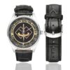 Men's casual watch with a round dial featuring the Australian 2 Commando regiment Afghanistan Veteran emblem, silver-tone case and black leather strap, shown with the strap to the side.