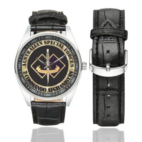 Men's casual watch with a round dial featuring the Australian 2 Commando regiment Afghanistan Veteran emblem, silver-tone case and black leather strap, shown with the strap to the side.