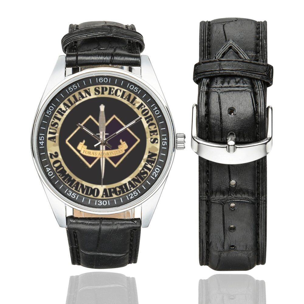 Men's casual watch with a round dial featuring the Australian 2 Commando regiment Afghanistan Veteran emblem, silver-tone case and black leather strap, shown with the strap to the side.