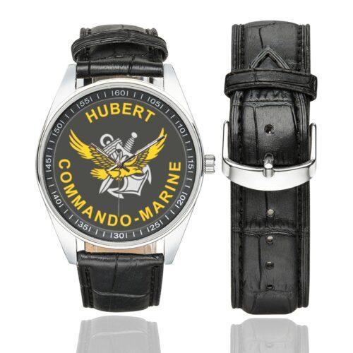 Men's casual watch with a round dial featuring the Commando Marine Hubert emblem, silver-tone case and black leather strap, shown with the strap to the side.