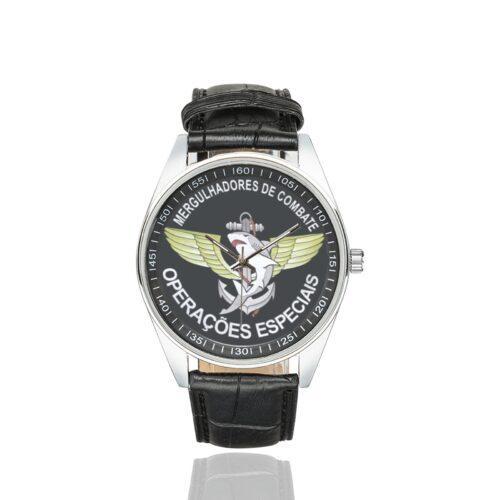 Men's casual watch with a round dial featuring the Brazilian Special Forces Combat Divers emblem, silver-tone case and black leather strap.