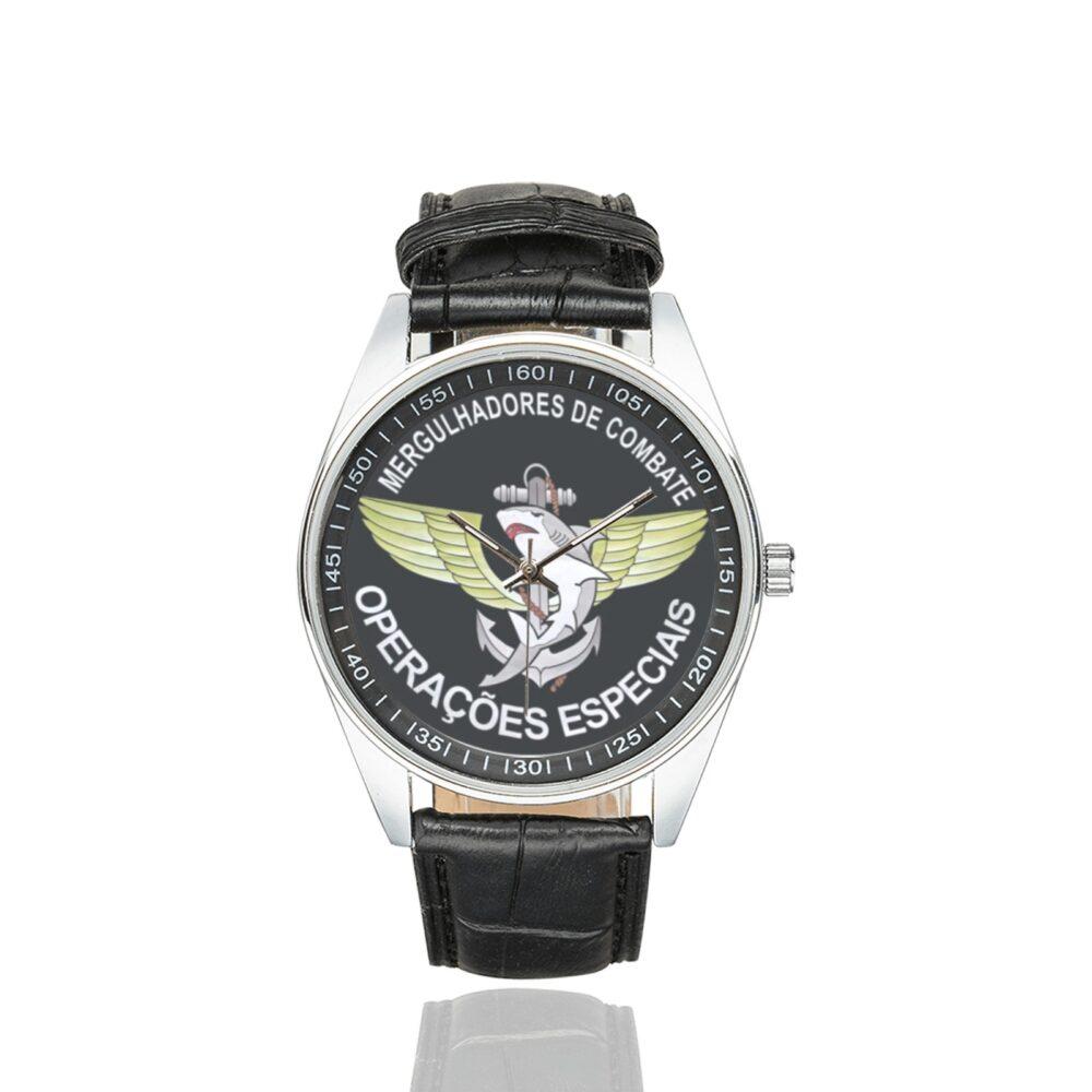 Men's casual watch with a round dial featuring the Brazilian Special Forces Combat Divers emblem, silver-tone case and black leather strap.
