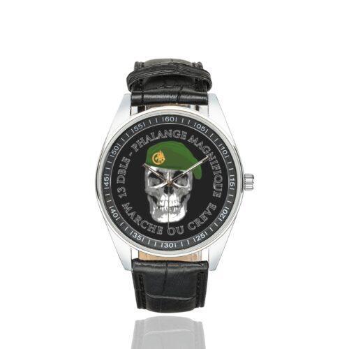 Men's casual watch with a round dial featuring the 13 DBLE Foreign Legion emblem, silver-tone case and black leather strap.