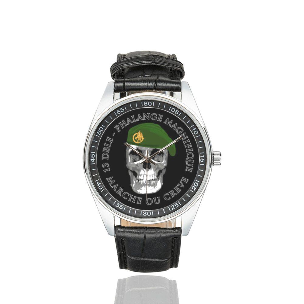 Men's casual watch with a round dial featuring the 13 DBLE Foreign Legion emblem, silver-tone case and black leather strap.