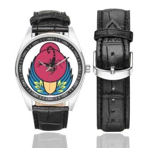 Men's casual watch with a round dial featuring the 105th Squadron of the Israeli Air Force emblem, silver-tone case and black leather strap, shown with the strap to the side.