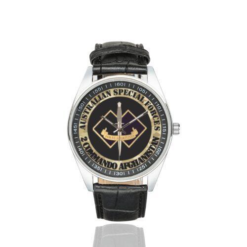 Men's casual watch with a round dial featuring the Australian 2 Commando regiment Afghanistan Veteran emblem, silver-tone case and black leather strap.