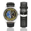 Men's casual watch with a round dial featuring the Gendarmerie Armurier emblem, silver-tone case and black leather strap, shown with the strap to the side.