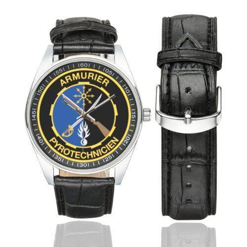 Men's casual watch with a round dial featuring the Gendarmerie Armurier emblem, silver-tone case and black leather strap, shown with the strap to the side.