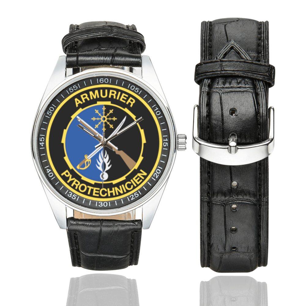 Men's casual watch with a round dial featuring the Gendarmerie Armurier emblem, silver-tone case and black leather strap, shown with the strap to the side.