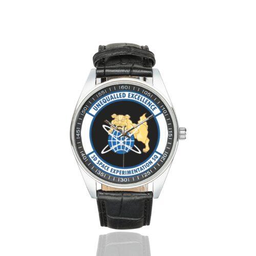 Men's casual watch with a round dial featuring the USAF 3d Space Experimentation Squadron emblem, silver-tone case and black leather strap.