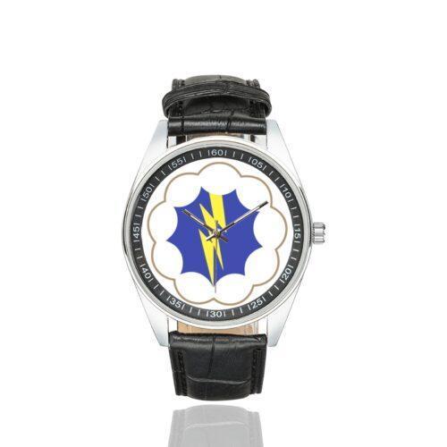 Men's casual watch with a round dial featuring the USA 9 ABN DIV emblem, silver-tone case and black leather strap.