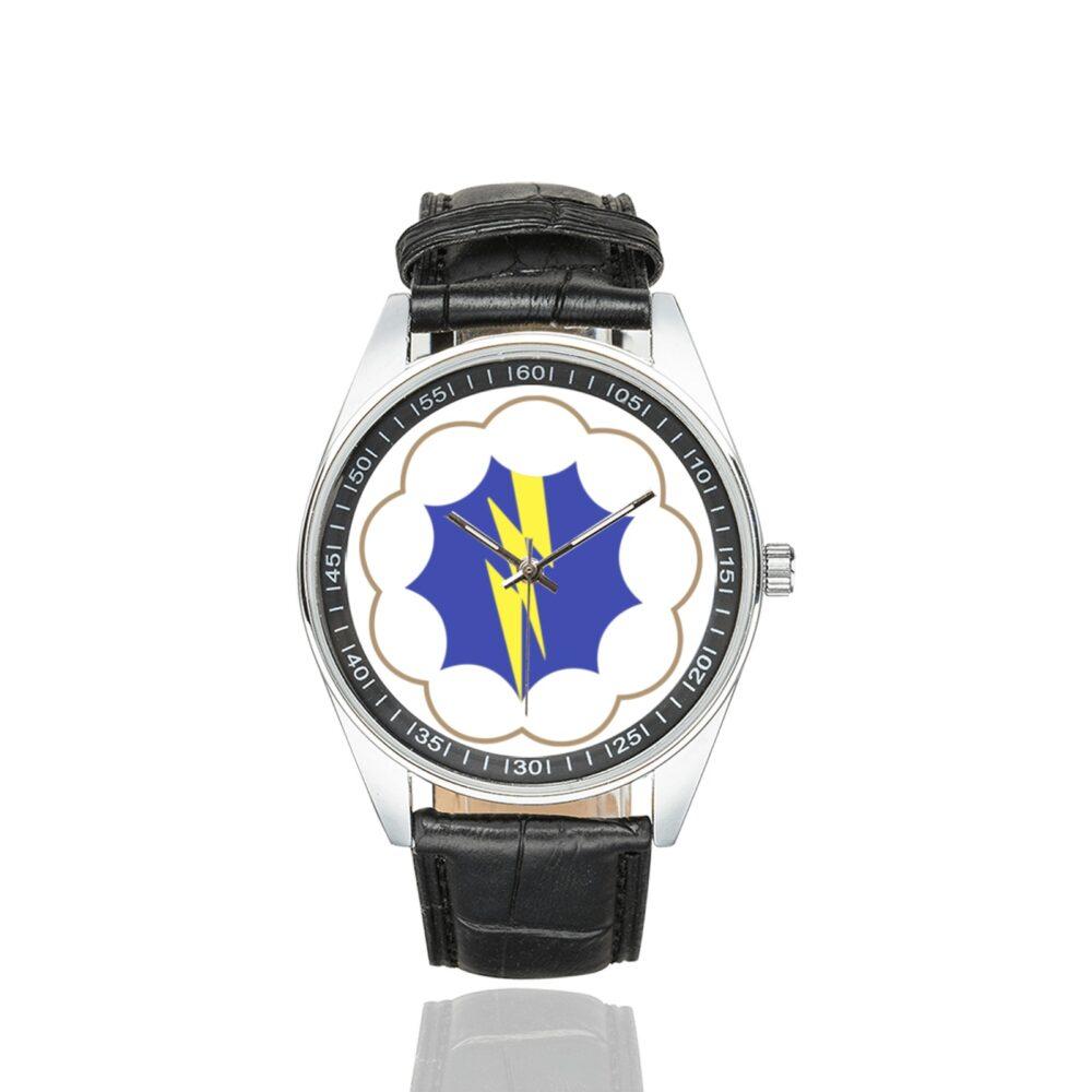 Men's casual watch with a round dial featuring the USA 9 ABN DIV emblem, silver-tone case and black leather strap.