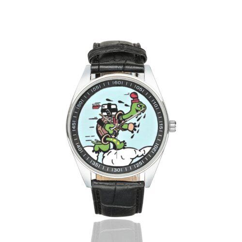 Men's casual watch with a round dial featuring the USAF Air Mobility Command Test and Evaluation Squadron emblem, silver-tone case and black leather strap.