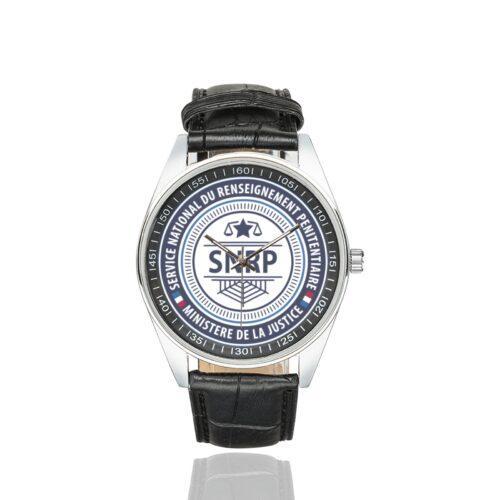 Men's casual watch with a round dial featuring the SNRP emblem, silver-tone case and black leather strap.