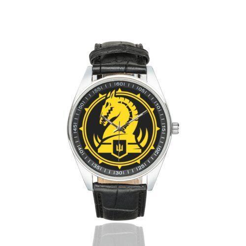 Men's casual watch with a round dial featuring the 47th Separate Mechanized Brigade "Magura" emblem, silver-tone case and black leather strap.