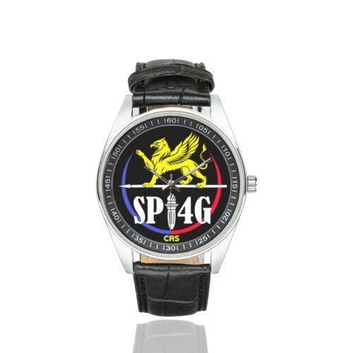 Men's casual watch with a round dial featuring the Sections de Protection et d'Intervention de 4e Génération (SPI4G) emblem, silver-tone case and black leather strap.
