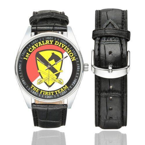 Men's casual watch with a round dial featuring the US Army 1st Cavalry Division Veteran emblem, silver-tone case and black leather strap, shown with the strap to the side.