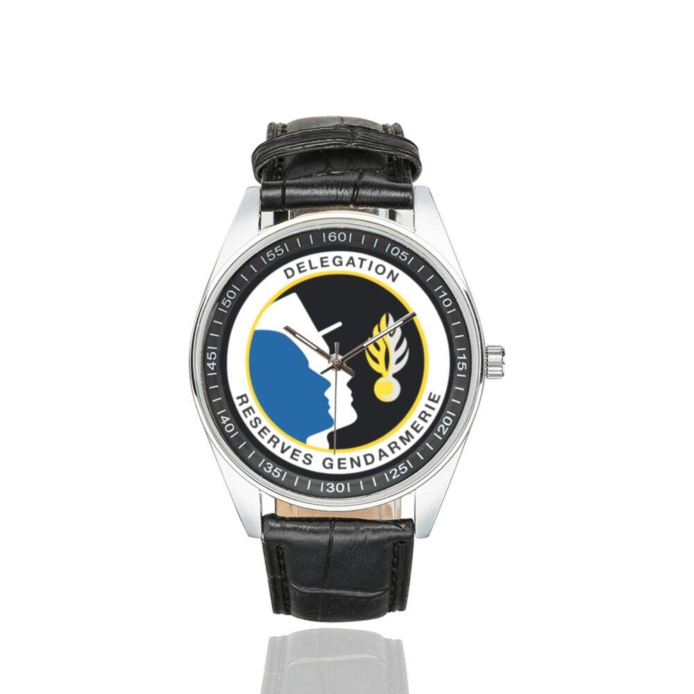 Men's casual watch with a round dial featuring the DRG emblem, silver-tone case and black leather strap.
