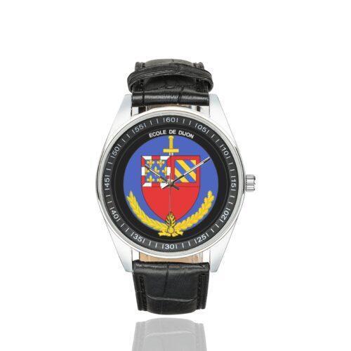 Men's casual watch with a round dial featuring the EG Dijon emblem, silver-tone case and black leather strap.