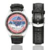 Men's casual watch with a round dial featuring the Airborne Launch Control Systems Looking Glass emblem, silver-tone case and black leather strap, shown with the strap to the side.