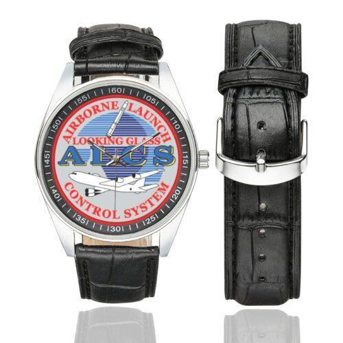 Men's casual watch with a round dial featuring the Airborne Launch Control Systems Looking Glass emblem, silver-tone case and black leather strap, shown with the strap to the side.