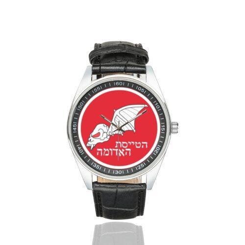 Men's casual watch with a round dial featuring the Israeli Air Force 115 Squadron emblem, silver-tone case and black leather strap.
