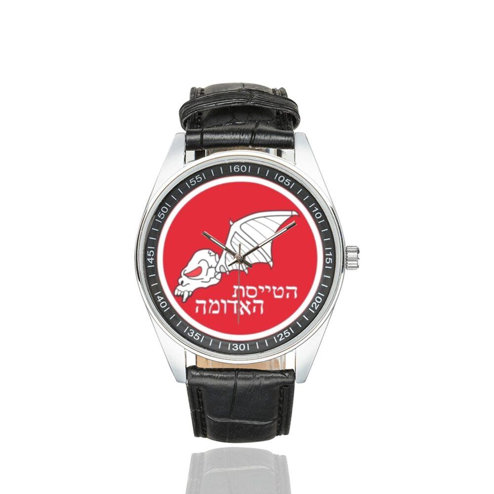 Men's casual watch with a round dial featuring the Israeli Air Force 115 Squadron emblem, silver-tone case and black leather strap.